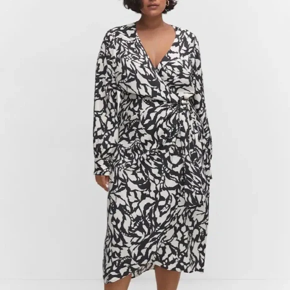 Mango | Dresses | Mango Print Wrap Dress Women Size 8 Black And White Midi  Long Sleeve Dress | Poshmark